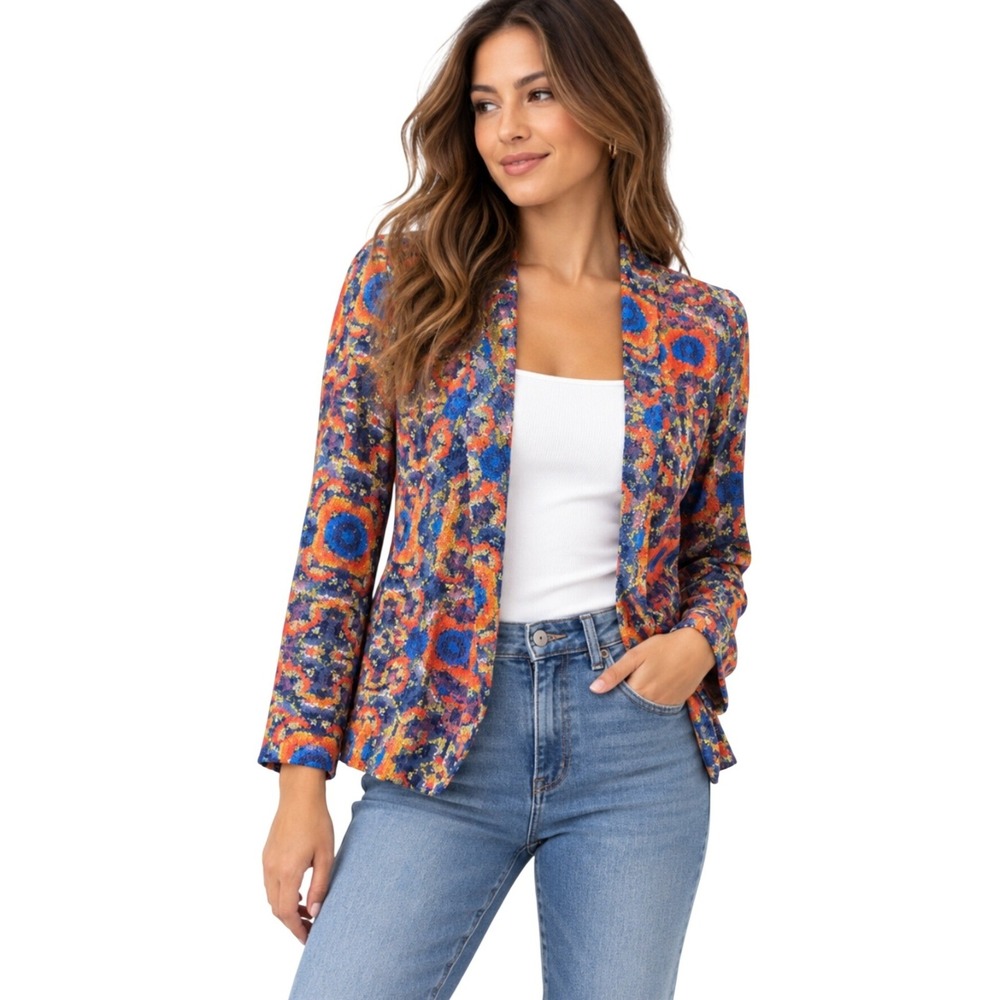 Zara Basic Womens Sequin Blazer Open Front Geometric Mosaic Orange Blue Small